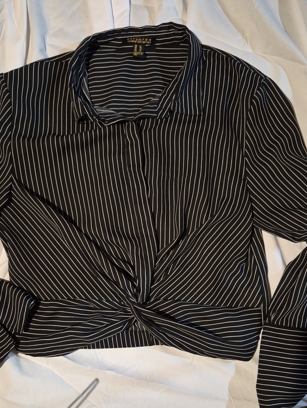 Revamped Black and White Pinstripe Twist-Front Button Down Shirt